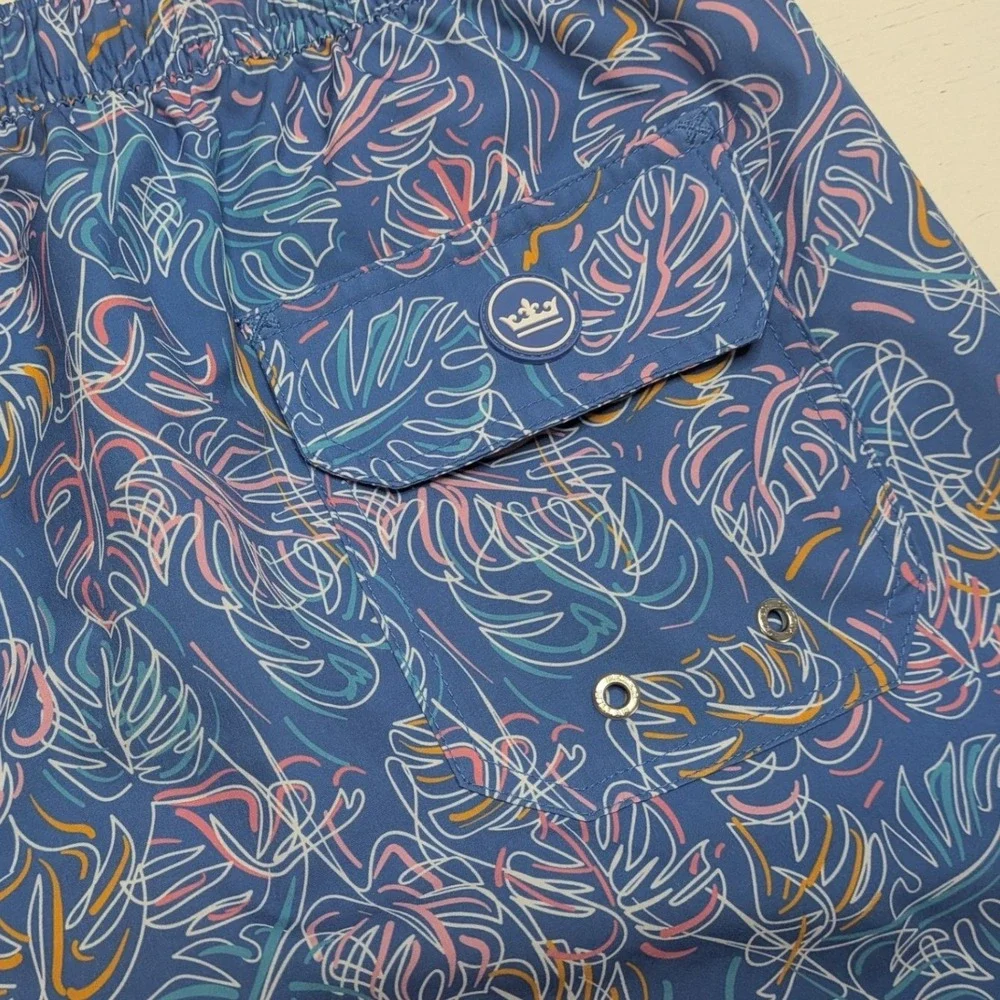 Peter Millar Seaside Swim Trunks Mens XL Blue Tropical Leaf Print 7